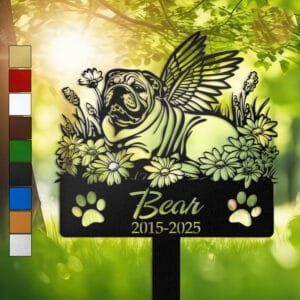 English Bulldog silhouette with angel wings surrounded by a daisy floral border on a personalized metal garden stake, with paw print cutouts at the base.