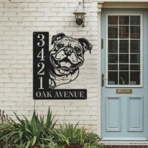 Personalized English Bulldog address sign with a Bulldog face peeking over a vertical house number plaque reading 3421 Oak Avenue
