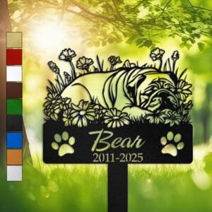 English Bulldog resting in a peaceful sleeping pose within a daisy floral border on a personalized metal garden stake, with paw print cutouts at the base.