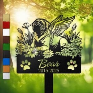 Personalized English Mastiff metal pet grave marker with angel wings and daisy flowers, displayed in a sunlit garden with color swatch options