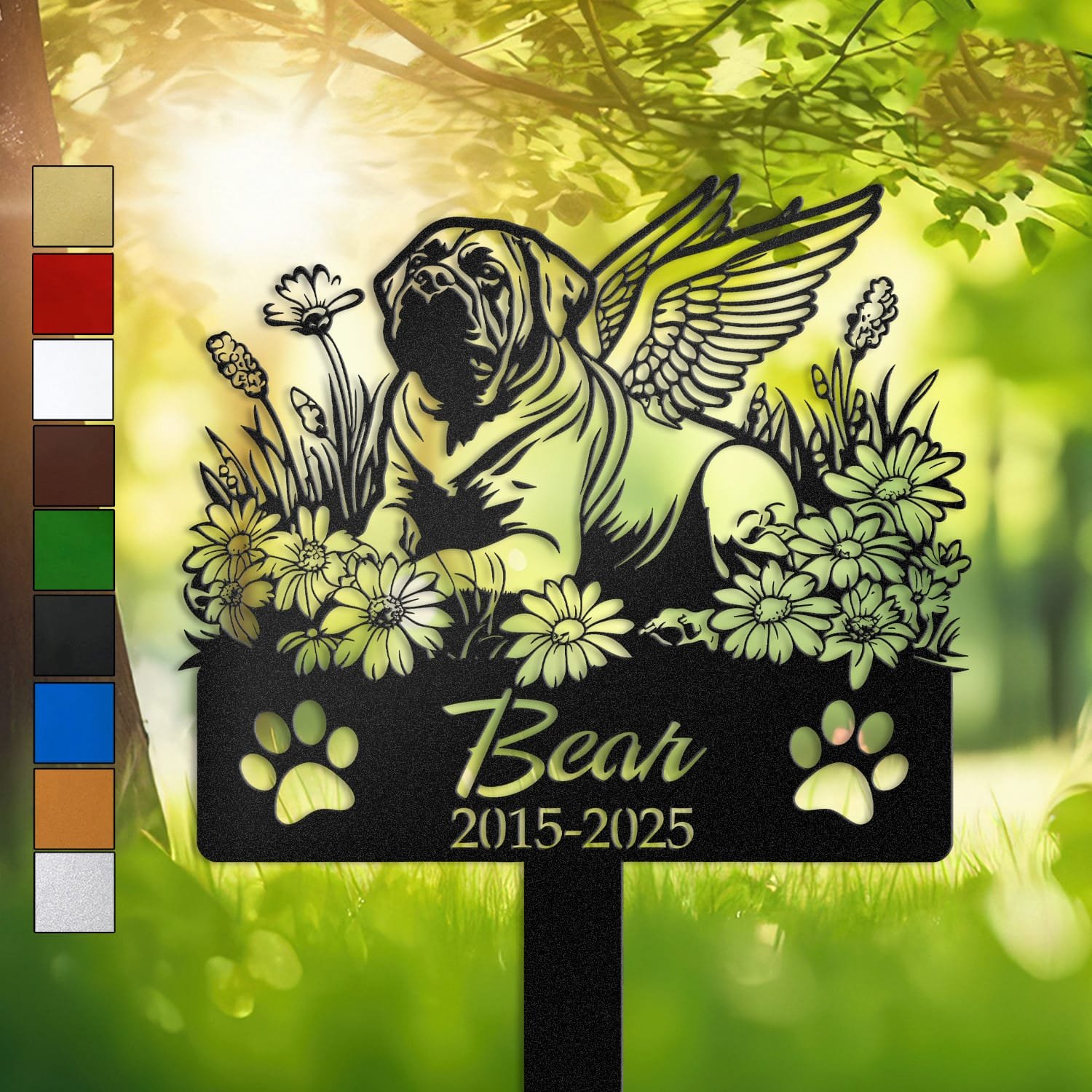 Personalized English Mastiff metal pet grave marker with angel wings and daisy flowers, displayed in a sunlit garden with color swatch options