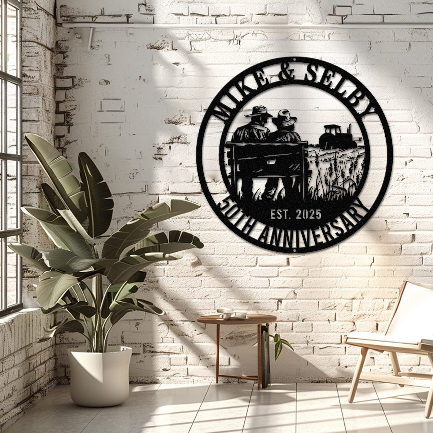 Farmer couple metal wall art displayed on a living room wall, showing the design in a home decor setting.