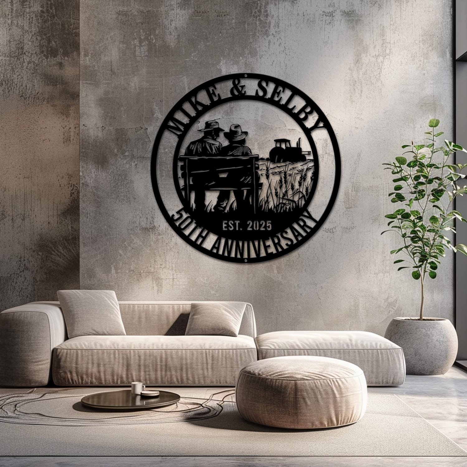 Farmer couple metal wall art staged on a neutral wall with soft furnishings nearby, showing the finished design indoors.