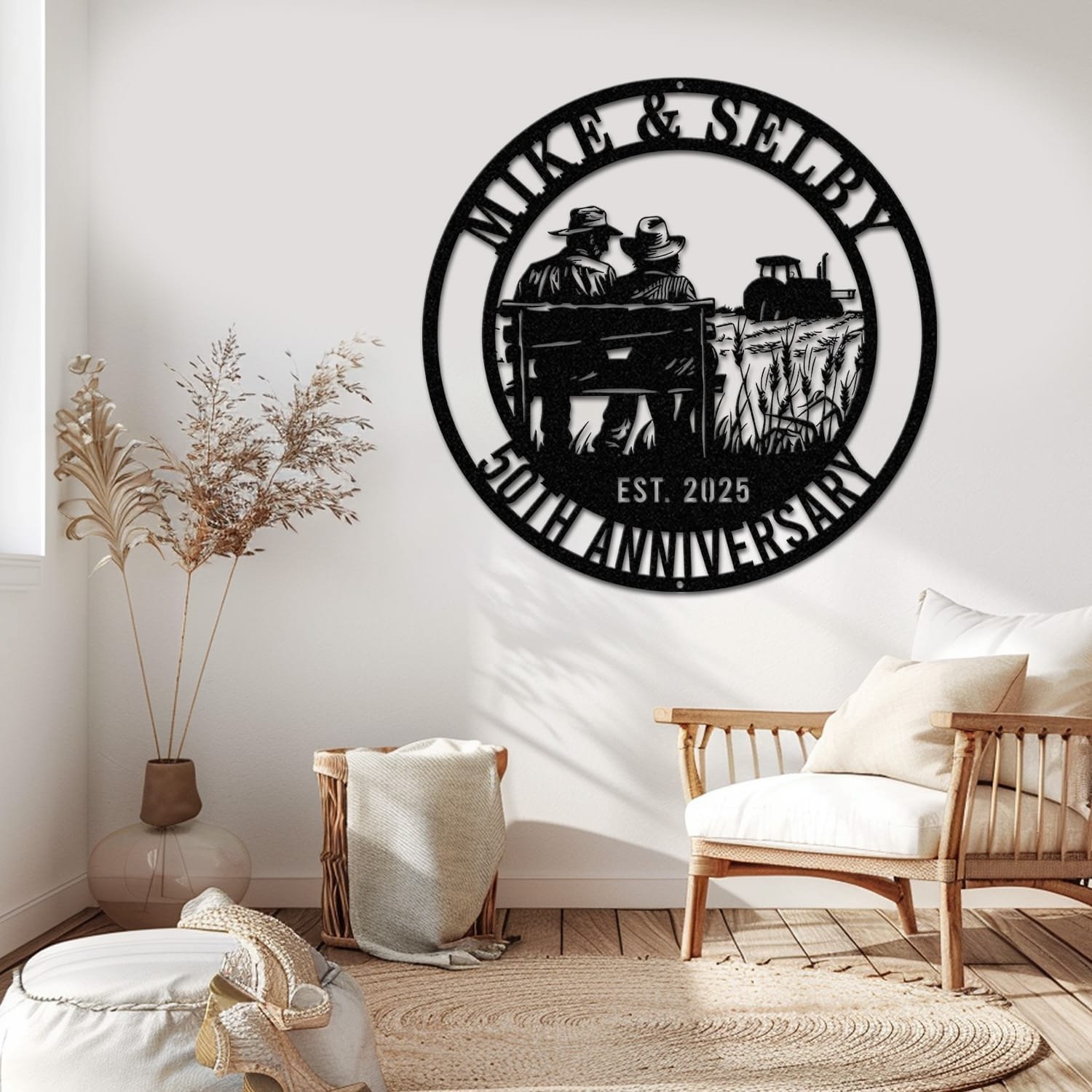 Farmer couple metal wall art displayed close up, highlighting the cutout detail and personalization area.