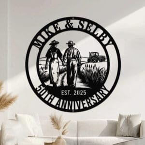 Metal wall art design of a farmer couple walking hand in hand away from the viewer along a country trail, with a tractor in the background, set within a circular frame reading the couple's names at the top and 'Anniversary' with the established year at the bottom, fully personalizable.