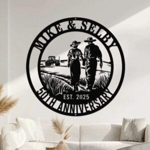 Metal wall art design of a farmer couple walking hand in hand away from the viewer through a field, with a tractor working in the background, set within a circular frame reading the couple's names at the top and 'Anniversary' with the established year at the bottom, fully personalizable.