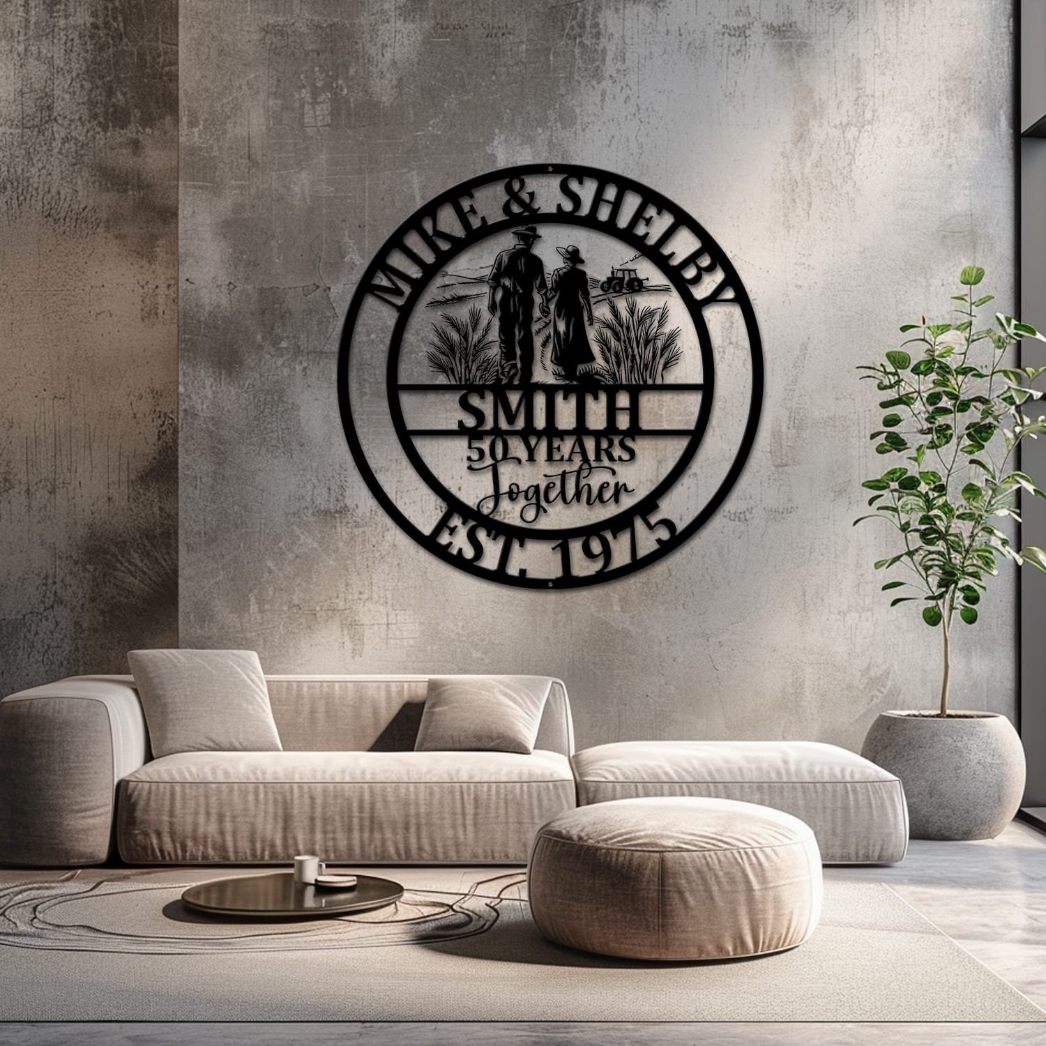 Farmer couple metal wall art staged on a neutral wall with soft furnishings nearby, showing the finished design indoors.