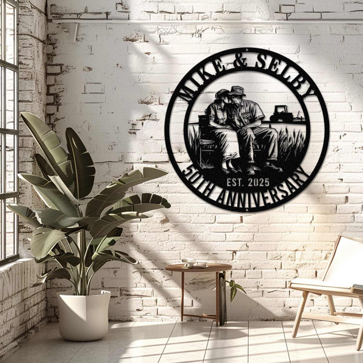 Farmer couple metal wall art displayed on a living room wall, showing the design in a home decor setting.