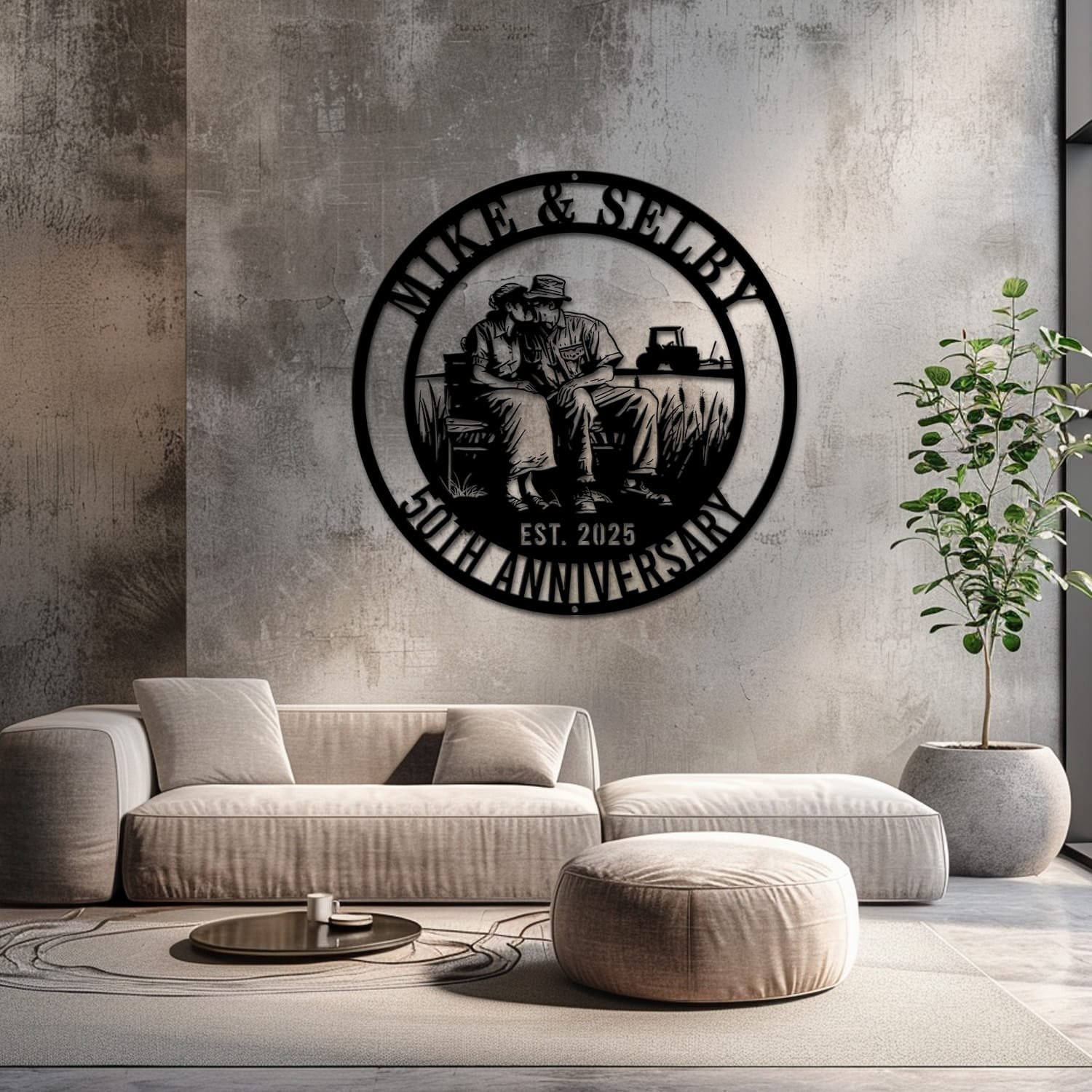 Farmer couple metal wall art staged on a neutral wall with soft furnishings nearby, showing the finished design indoors.