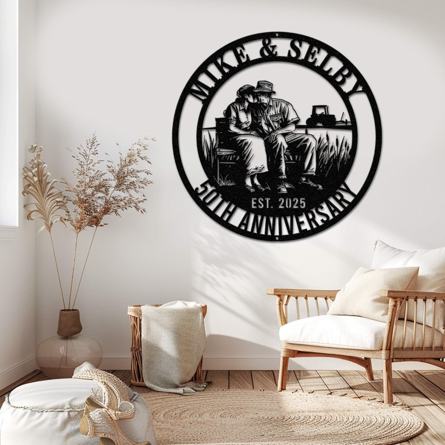 Farmer couple metal wall art displayed close up, highlighting the cutout detail and personalization area.