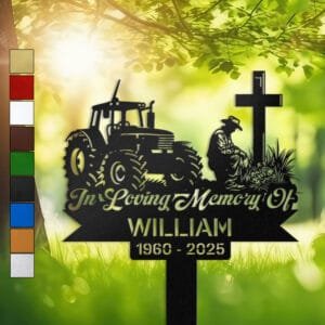 Metal memorial design of a tractor beside a farmer kneeling at a wooden cross, engraved with 'In Loving Memory Of', personalized with a name and memorial years.
