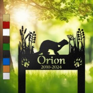 Ferret silhouette with a heart cutout framed by wild grasses on a two-post personalized metal garden stake.