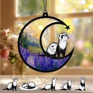 Crescent moon suncatcher with a Ferret silhouette looking up toward a shooting star over a stained-glass purple lupine field