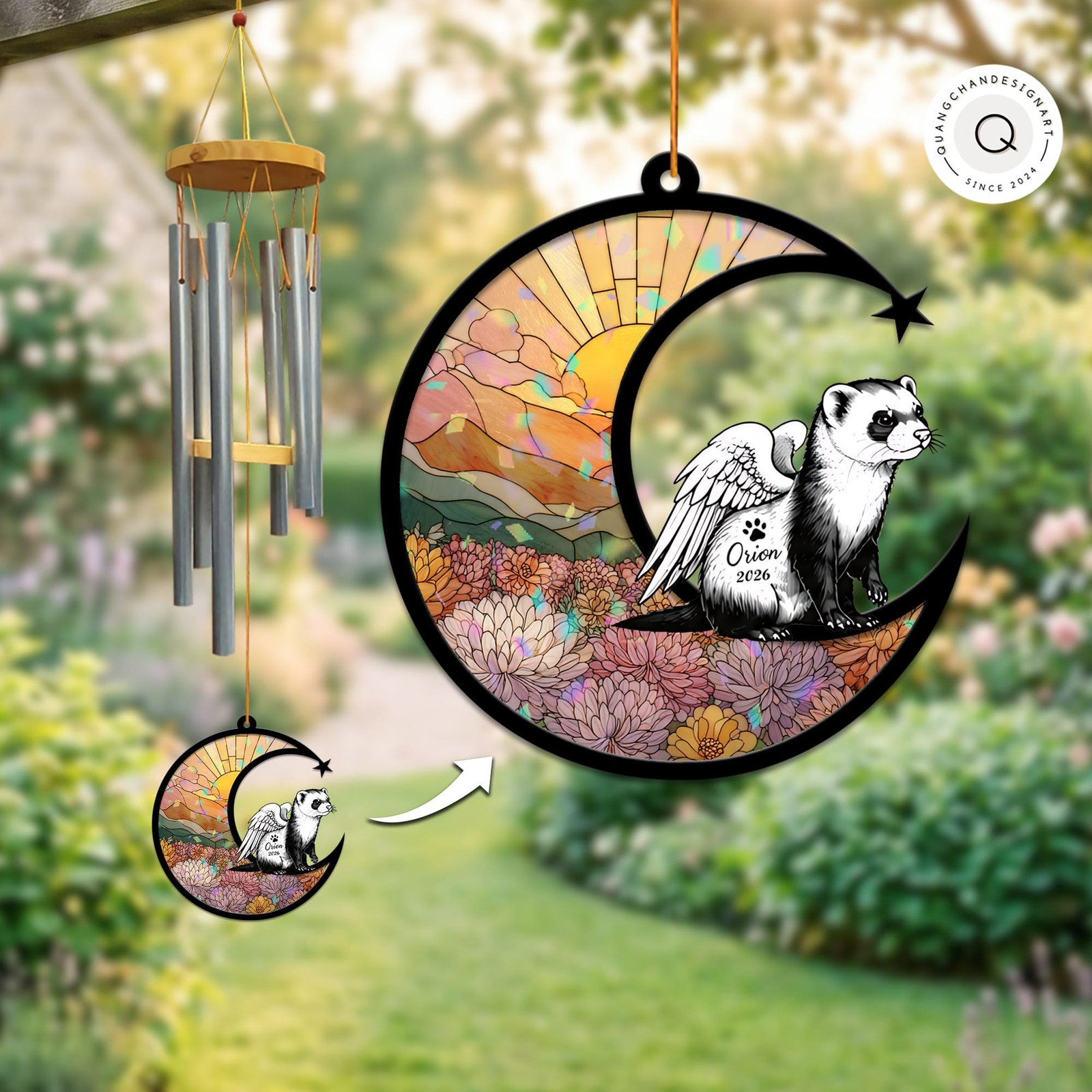 Stained-glass memorial wind chime suncatcher showing a ferret with angel wings on a crescent moon over pink chrysanthemums at sunset