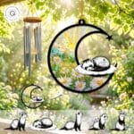 Stained-glass memorial wind chime suncatcher showing a sleeping ferret curled on a pillow on a crescent moon over a daisy meadow
