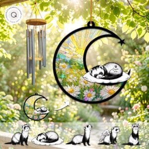 Stained-glass memorial wind chime suncatcher showing a sleeping ferret curled on a pillow on a crescent moon over a daisy meadow