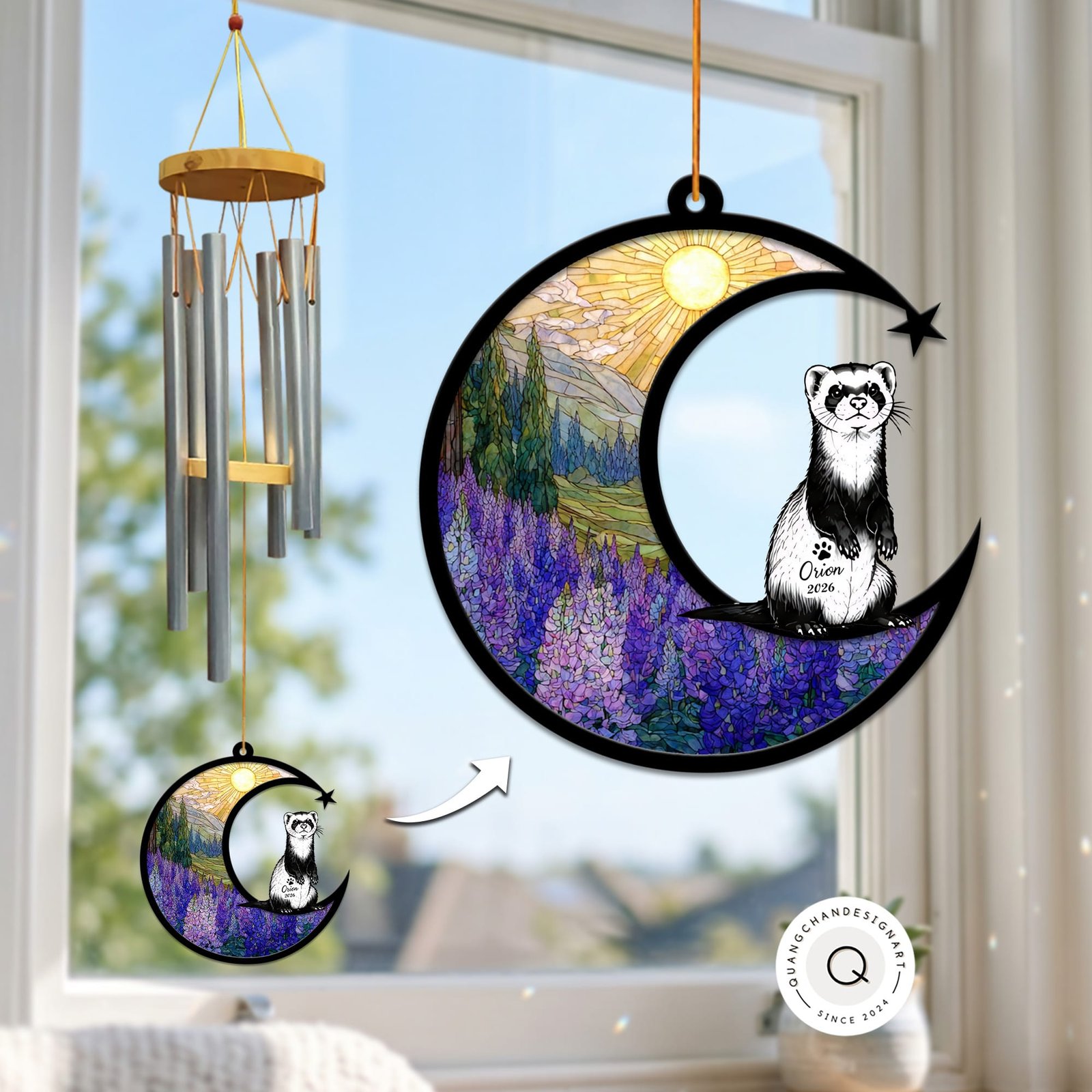 Stained-glass memorial wind chime suncatcher showing a ferret sitting upright on a crescent moon over a purple lupine field, hanging in a sunny window