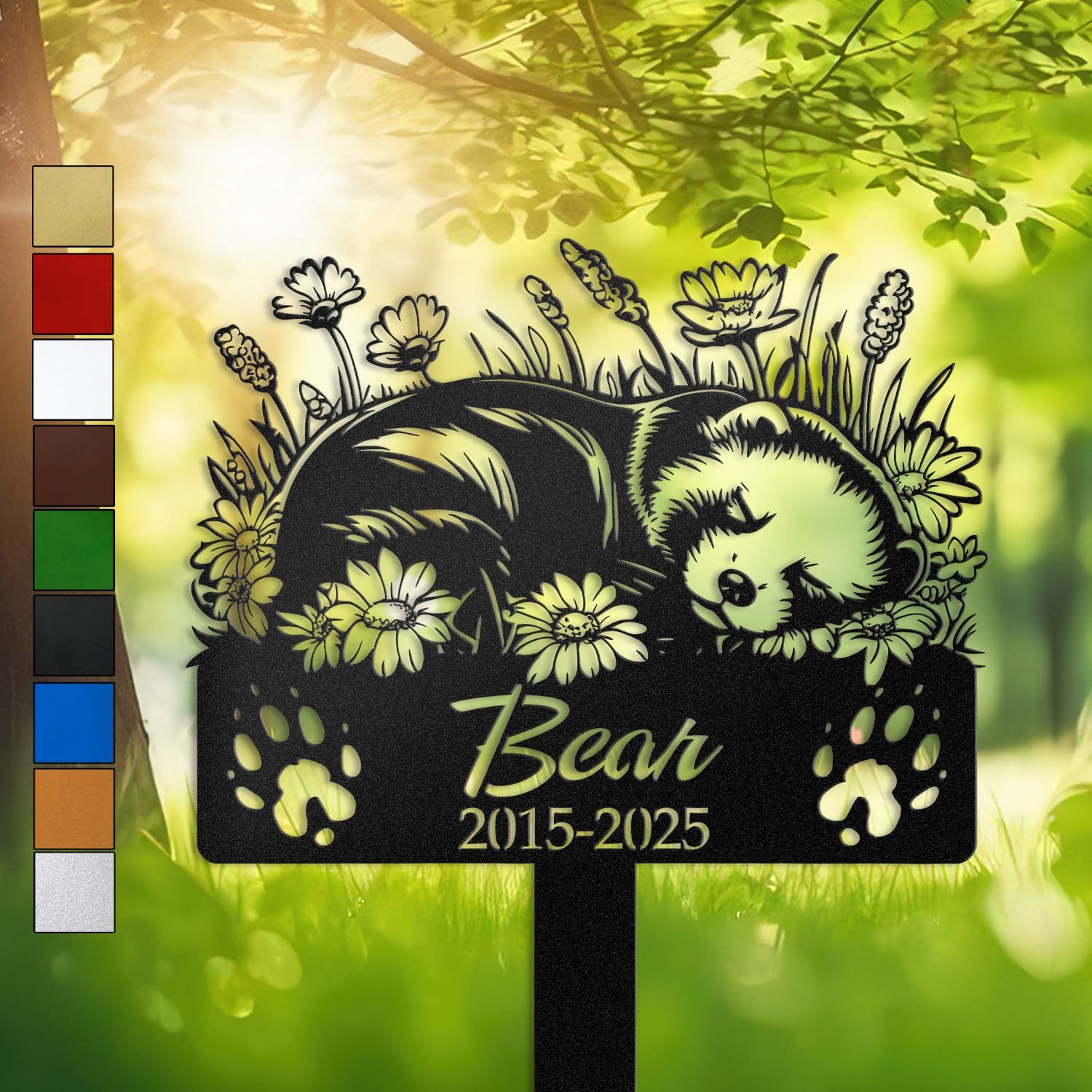 Ferret resting in a peaceful sleeping pose within a daisy floral border on a personalized metal garden stake, with paw print cutouts at the base.