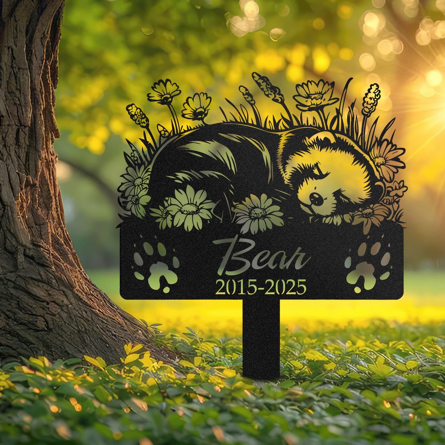 Ferret pet grave marker displayed outdoors in a garden setting, showing the personalized sleeping-pose daisy floral design in place on the stake.