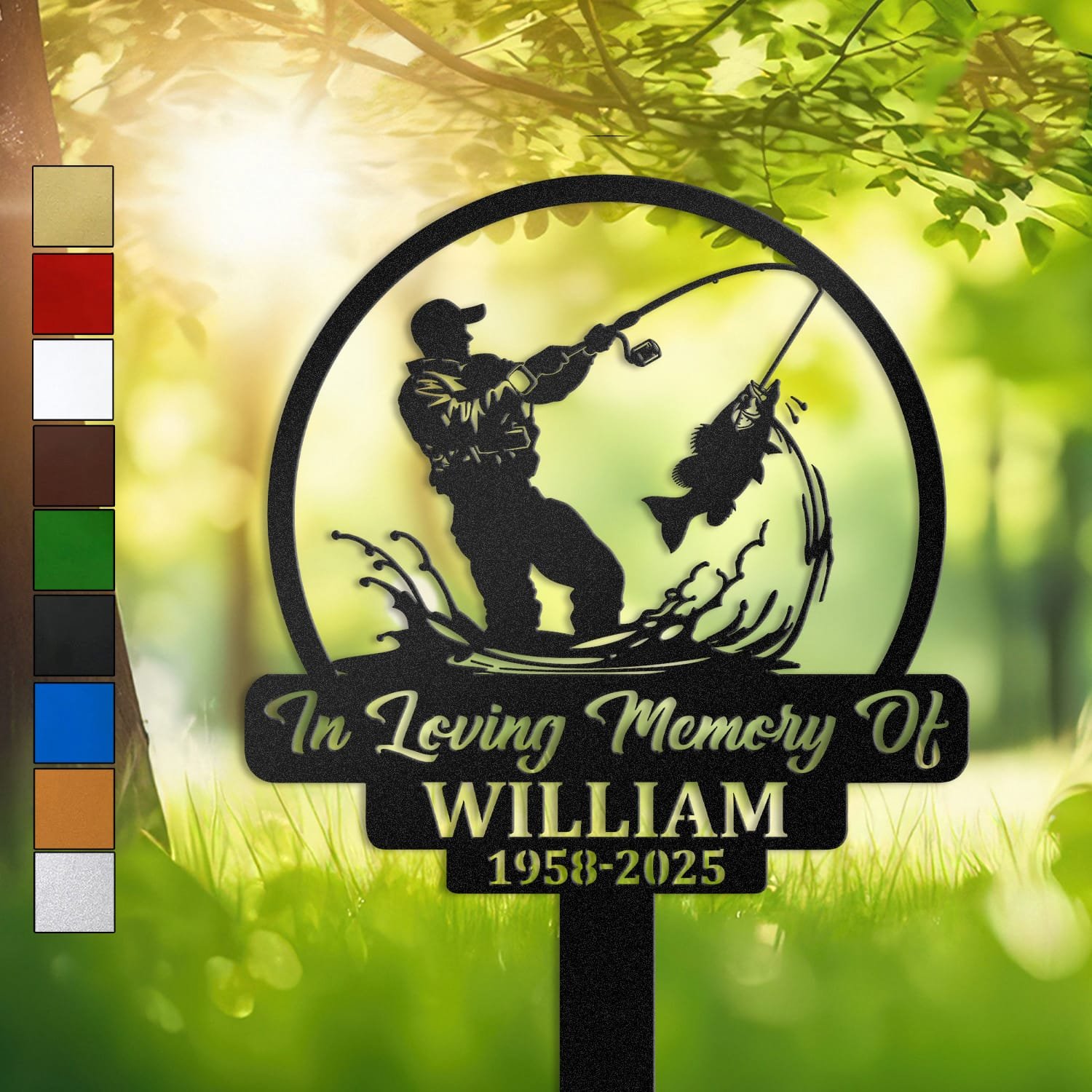 Metal memorial design of a fisherman reeling in a leaping fish amid splashing water, set within a circular medallion frame and engraved with 'In Loving Memory Of', personalized with a name and memorial years.