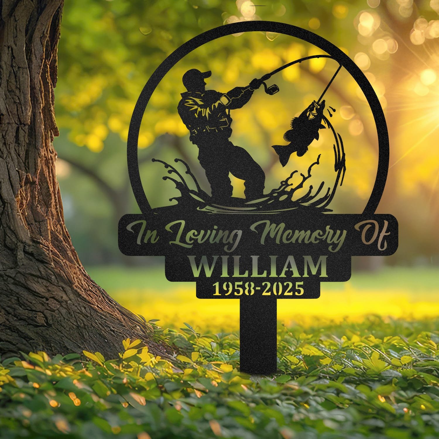 Fisherman human grave marker displayed outdoors in a garden setting, showing the personalized design in place on the stake.
