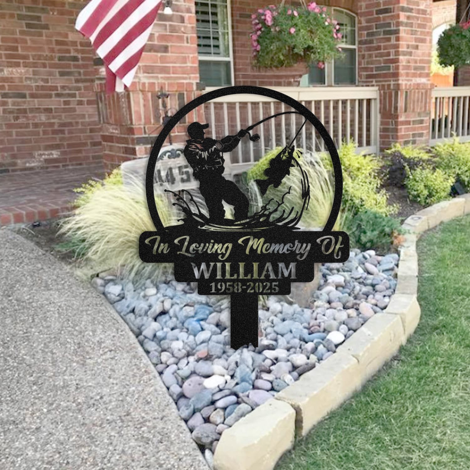 Fisherman human grave marker staged near a home entryway, showing the finished design and personalization outdoors.