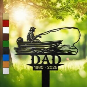 Metal memorial design of a fisherman casting a line from a small boat, engraved with 'DAD' and personalized with memorial years.