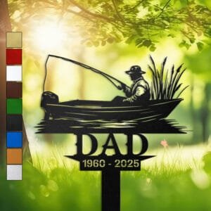 Metal memorial design of a fisherman casting a line from a boat among cattail reeds, engraved with 'DAD' and personalized with memorial years.