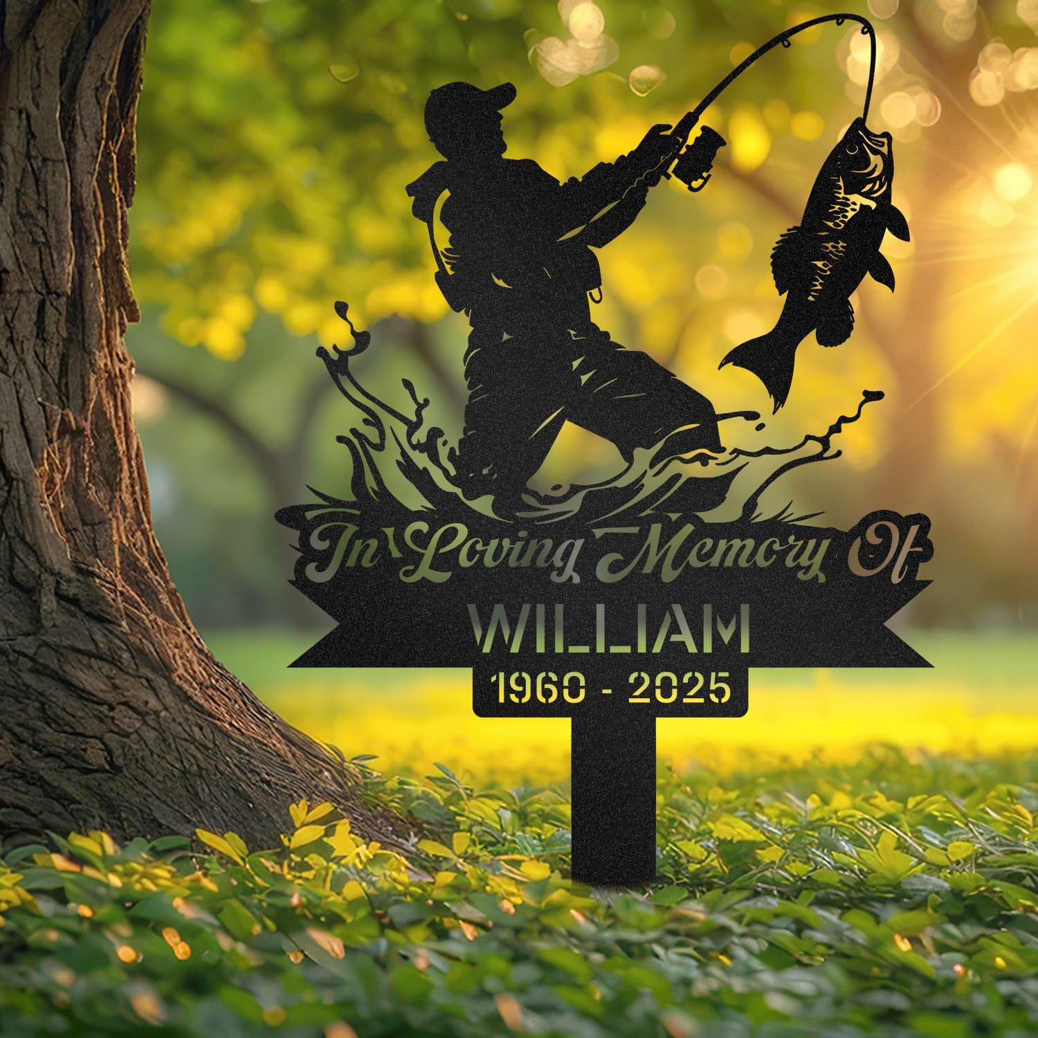Fisherman human grave marker displayed outdoors in a garden setting, showing the personalized design in place on the stake.