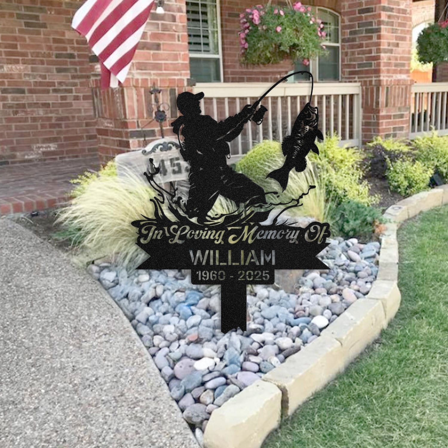 Fisherman human grave marker staged near a home entryway, showing the finished design and personalization outdoors.