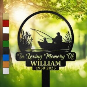 Metal memorial design of a father and son fishing together from a boat, set within a circular medallion frame and engraved with 'In Loving Memory Of', personalized with a name and memorial years.