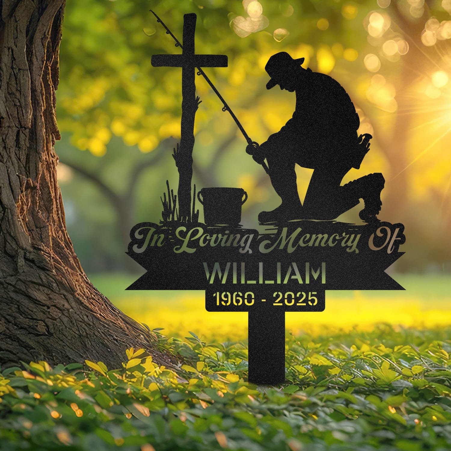 Fisherman human grave marker displayed outdoors in a garden setting, showing the personalized design in place on the stake.