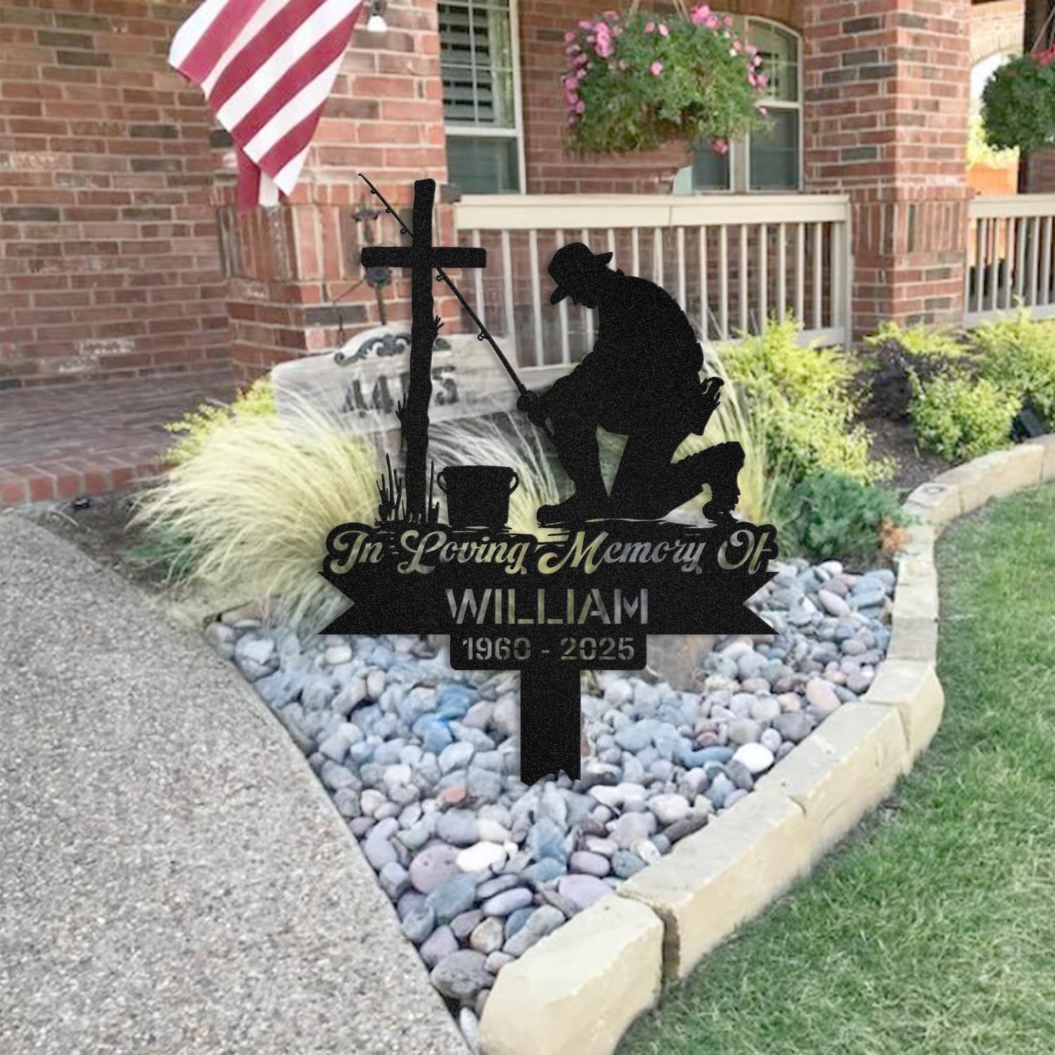 Fisherman human grave marker staged near a home entryway, showing the finished design and personalization outdoors.