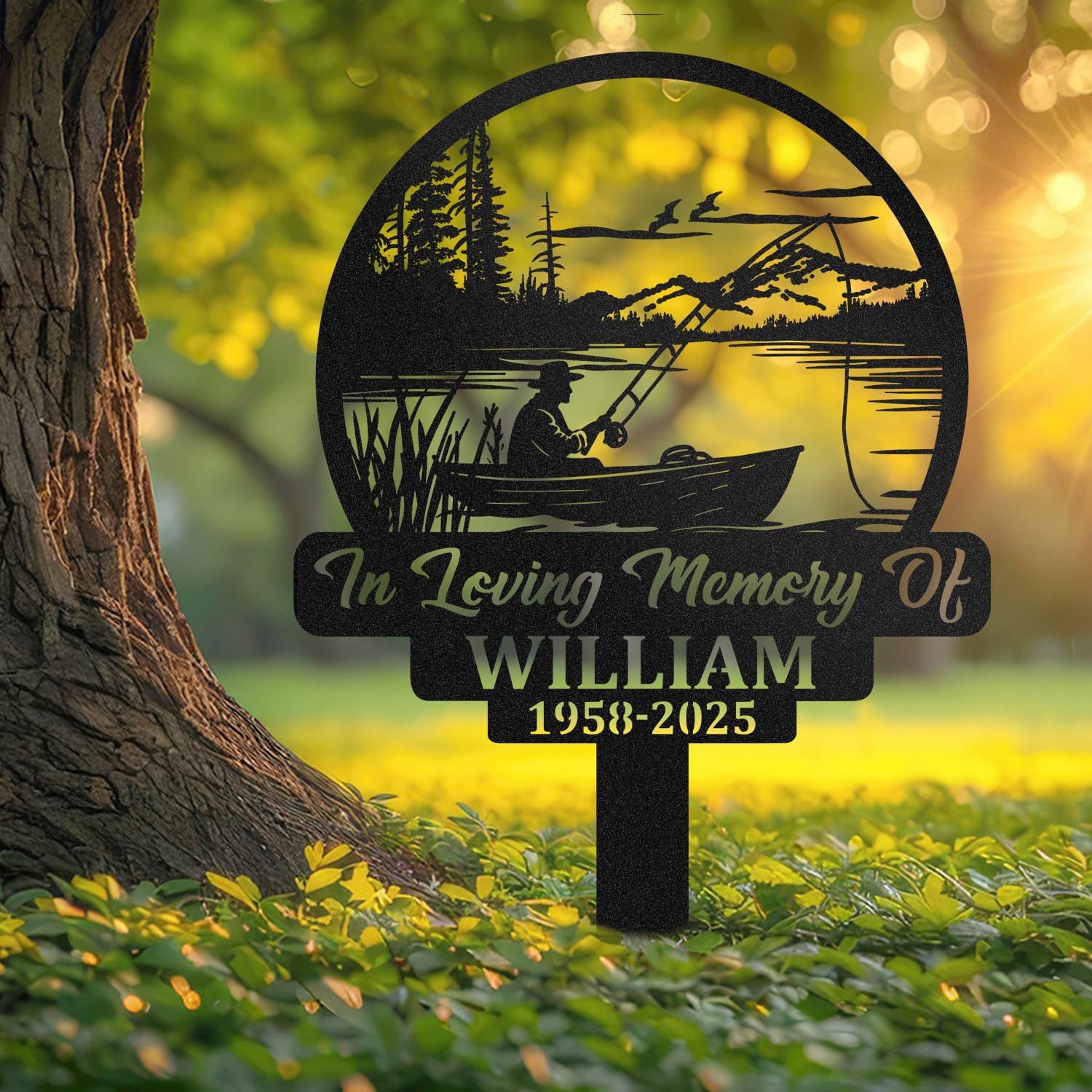 Fisherman human grave marker displayed outdoors in a garden setting, showing the personalized design in place on the stake.