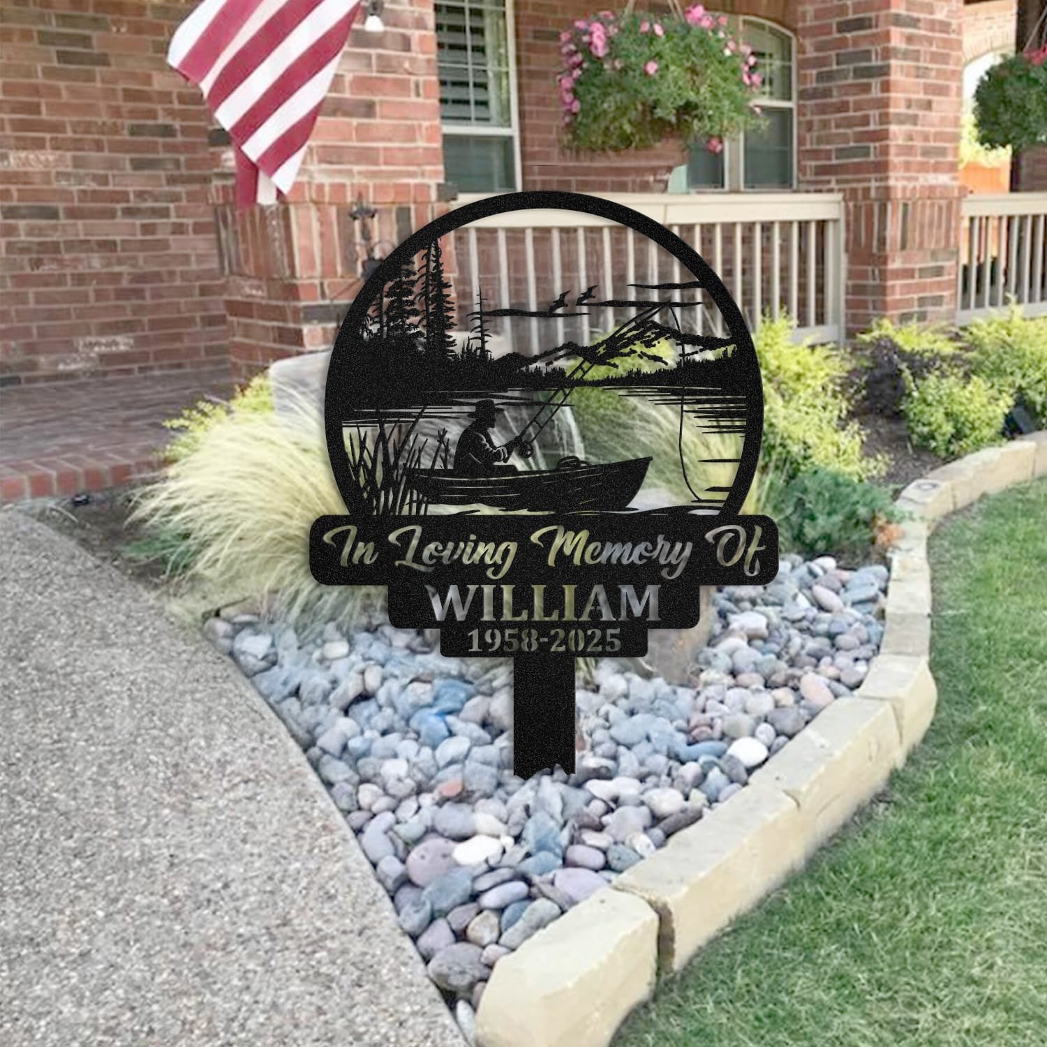Fisherman human grave marker staged near a home entryway, showing the finished design and personalization outdoors.