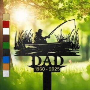 Metal memorial design of a fisherman fishing from a boat framed by tall marsh reeds on both sides, engraved with 'DAD' and personalized with memorial years.