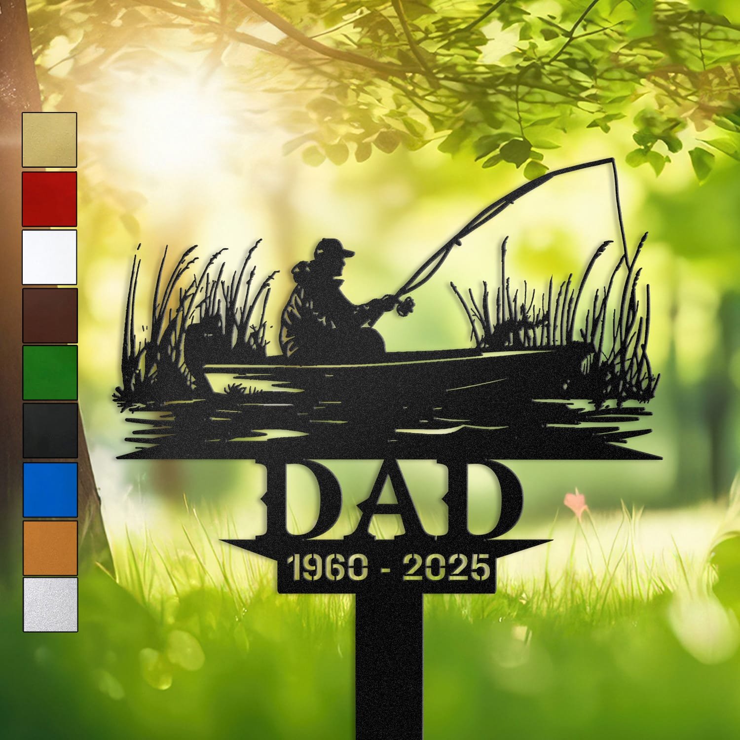 Metal memorial design of a fisherman fishing from a boat framed by tall marsh reeds on both sides, engraved with 'DAD' and personalized with memorial years.