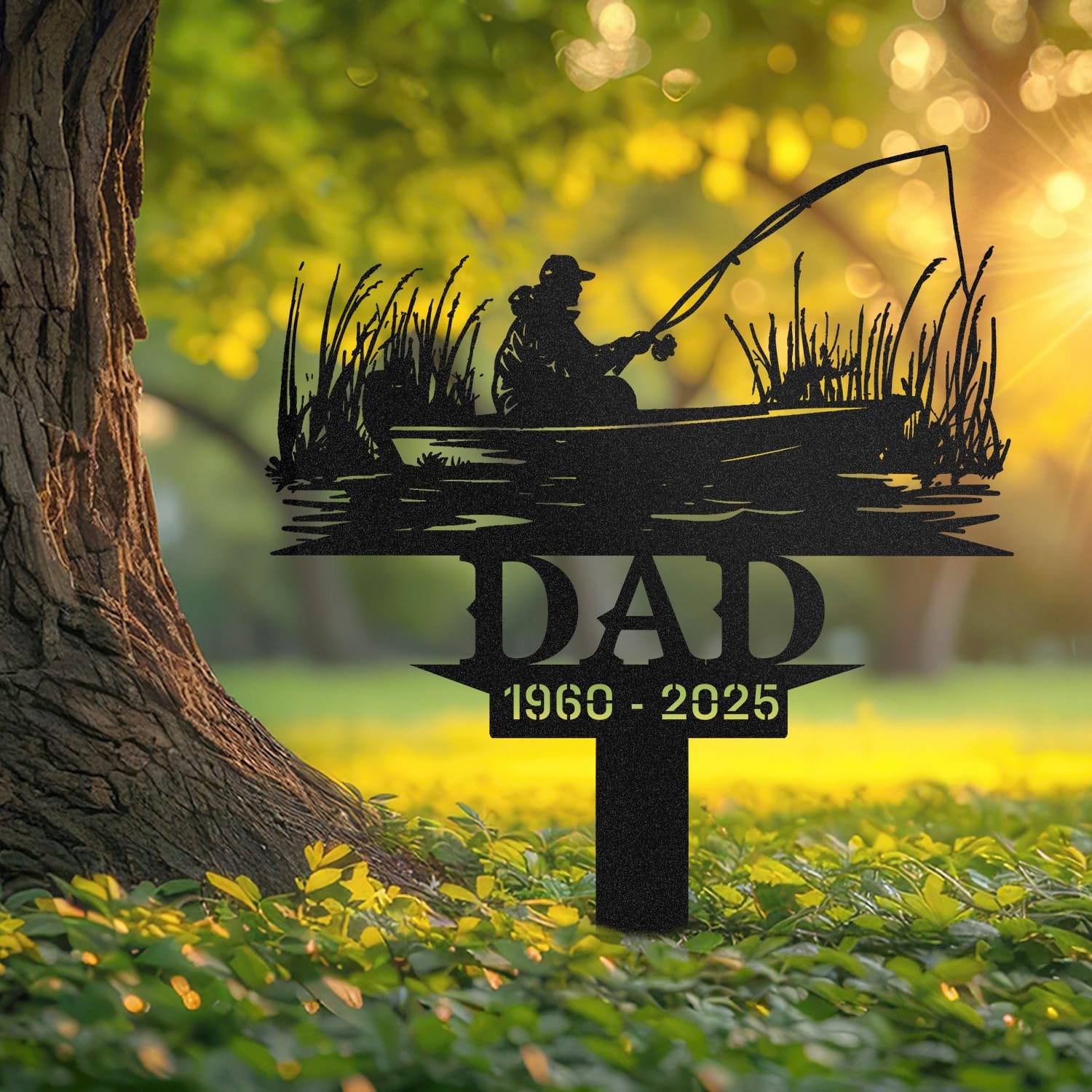 Fisherman human grave marker displayed outdoors in a garden setting, showing the personalized design in place on the stake.