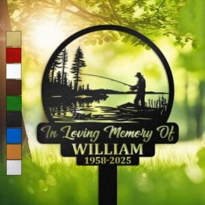 Metal memorial design of a fisherman standing on a boat casting a line, with a lake and pine trees in the background, set within a circular medallion frame and engraved with 'In Loving Memory Of', personalized with a name and memorial years.