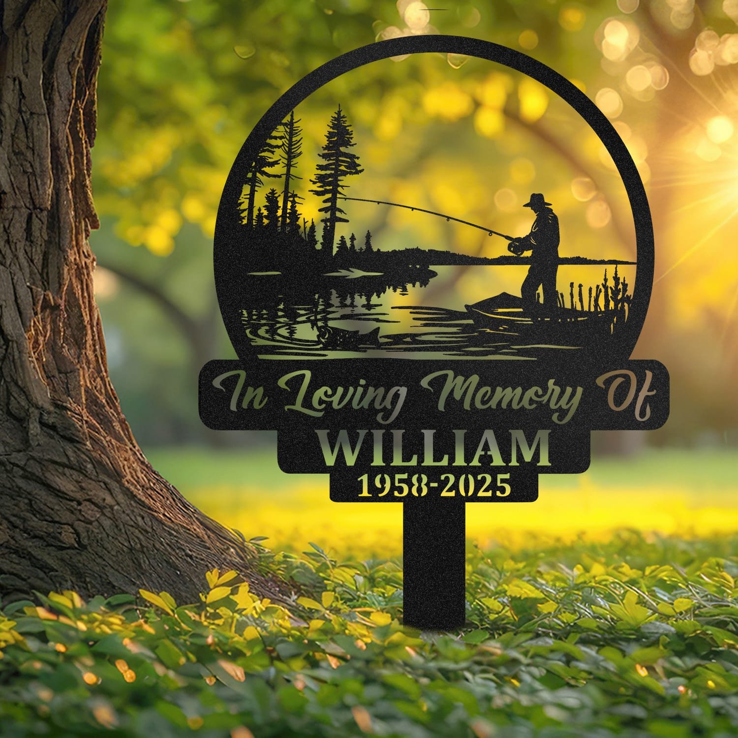 Fisherman human grave marker displayed outdoors in a garden setting, showing the personalized design in place on the stake.
