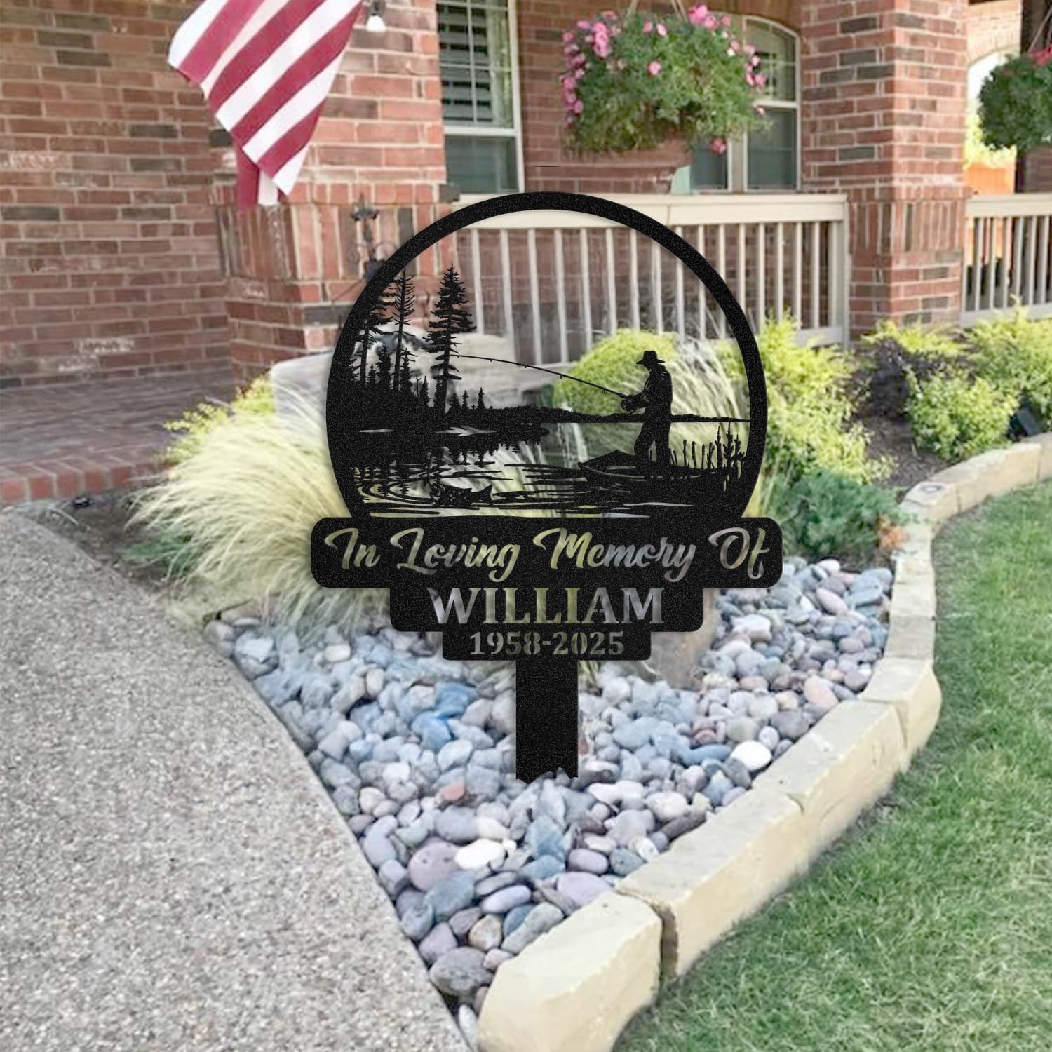 Fisherman human grave marker staged near a home entryway, showing the finished design and personalization outdoors.