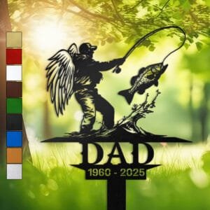 Metal memorial design of a winged fisherman reeling in a leaping fish with angel wings, engraved with 'DAD' and personalized with memorial years.