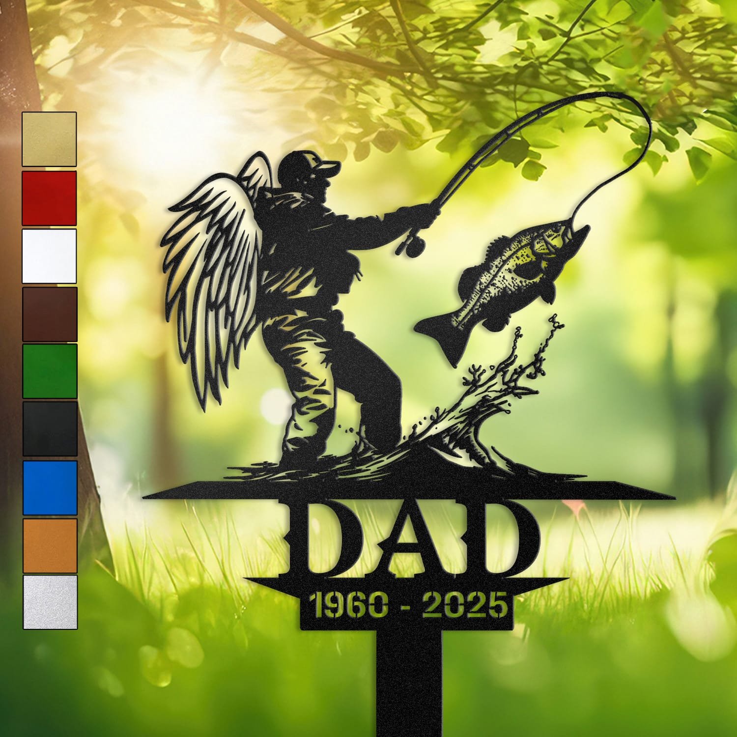 Metal memorial design of a winged fisherman reeling in a leaping fish with angel wings, engraved with 'DAD' and personalized with memorial years.