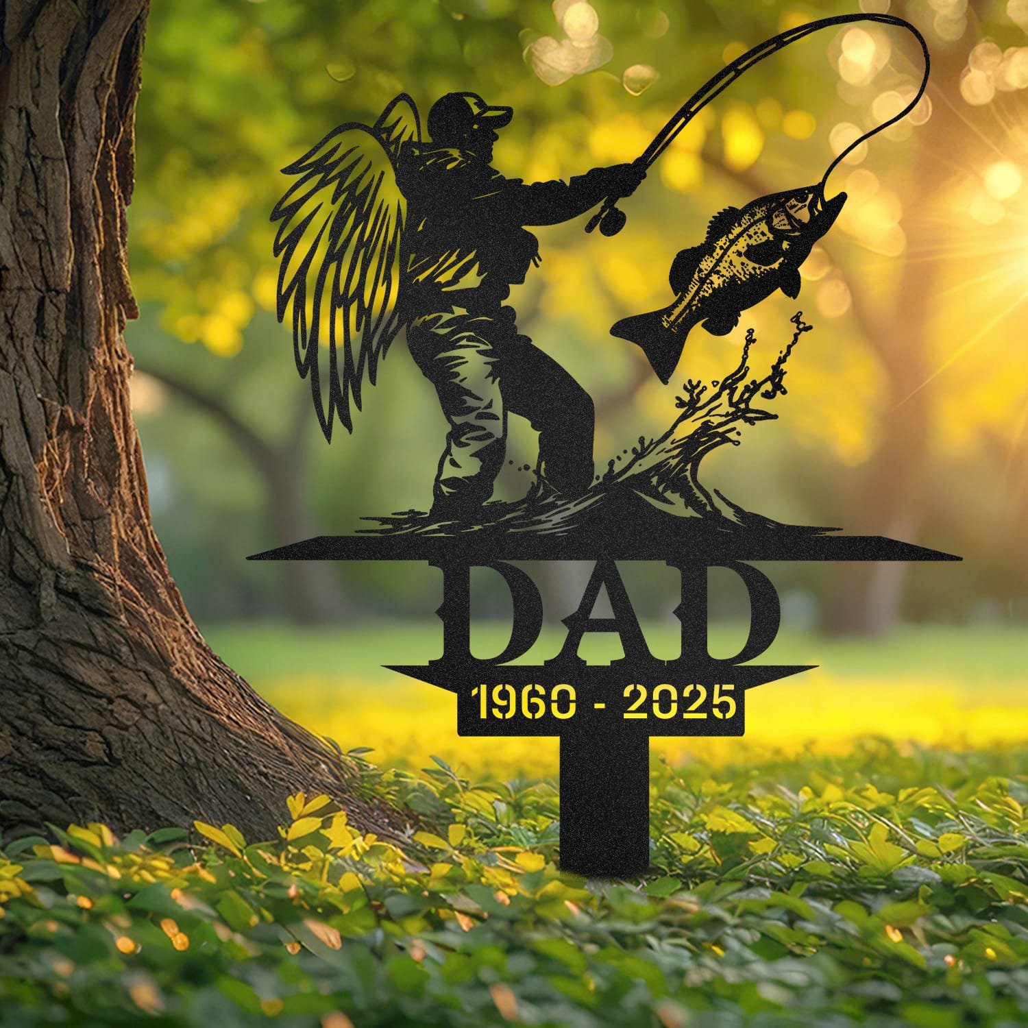 Fisherman human grave marker displayed outdoors in a garden setting, showing the personalized design in place on the stake.