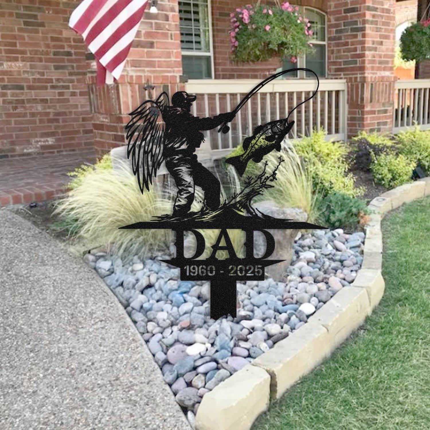 Fisherman human grave marker staged near a home entryway, showing the finished design and personalization outdoors.