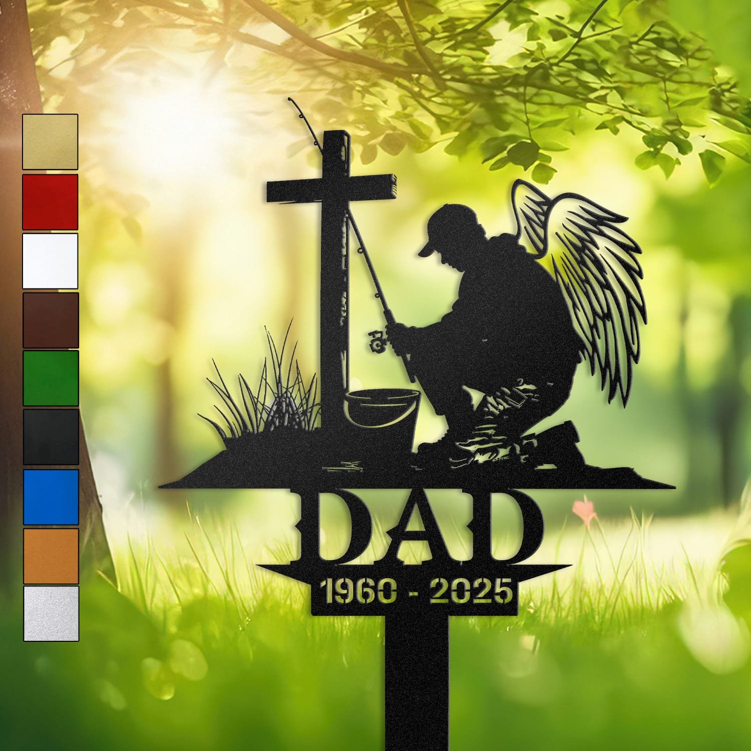 Metal memorial design of a winged fisherman kneeling at a wooden cross with his fishing rod and tackle bucket beside him with angel wings, engraved with 'DAD' and personalized with memorial years.