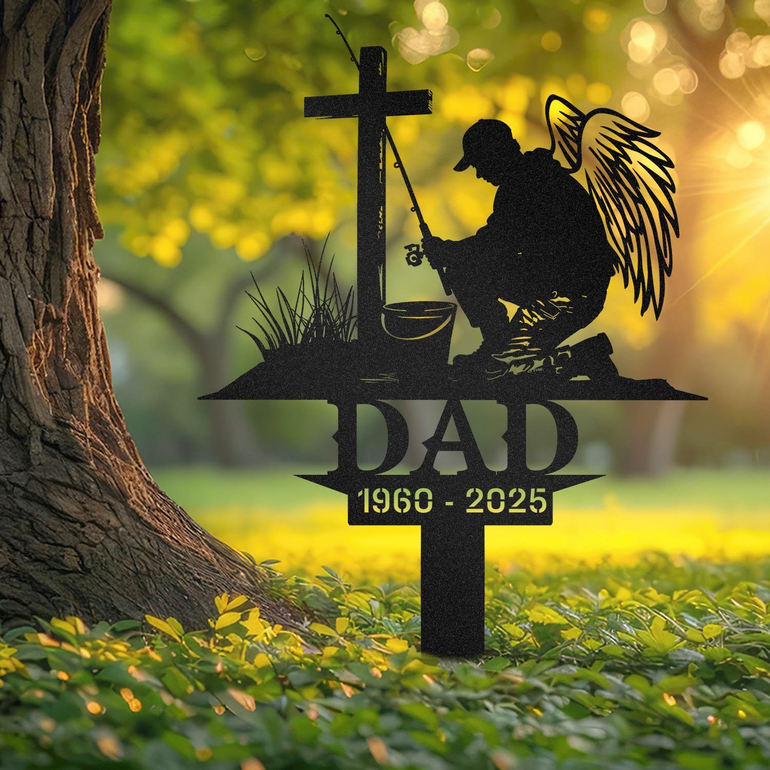 Fisherman human grave marker displayed outdoors in a garden setting, showing the personalized design in place on the stake.