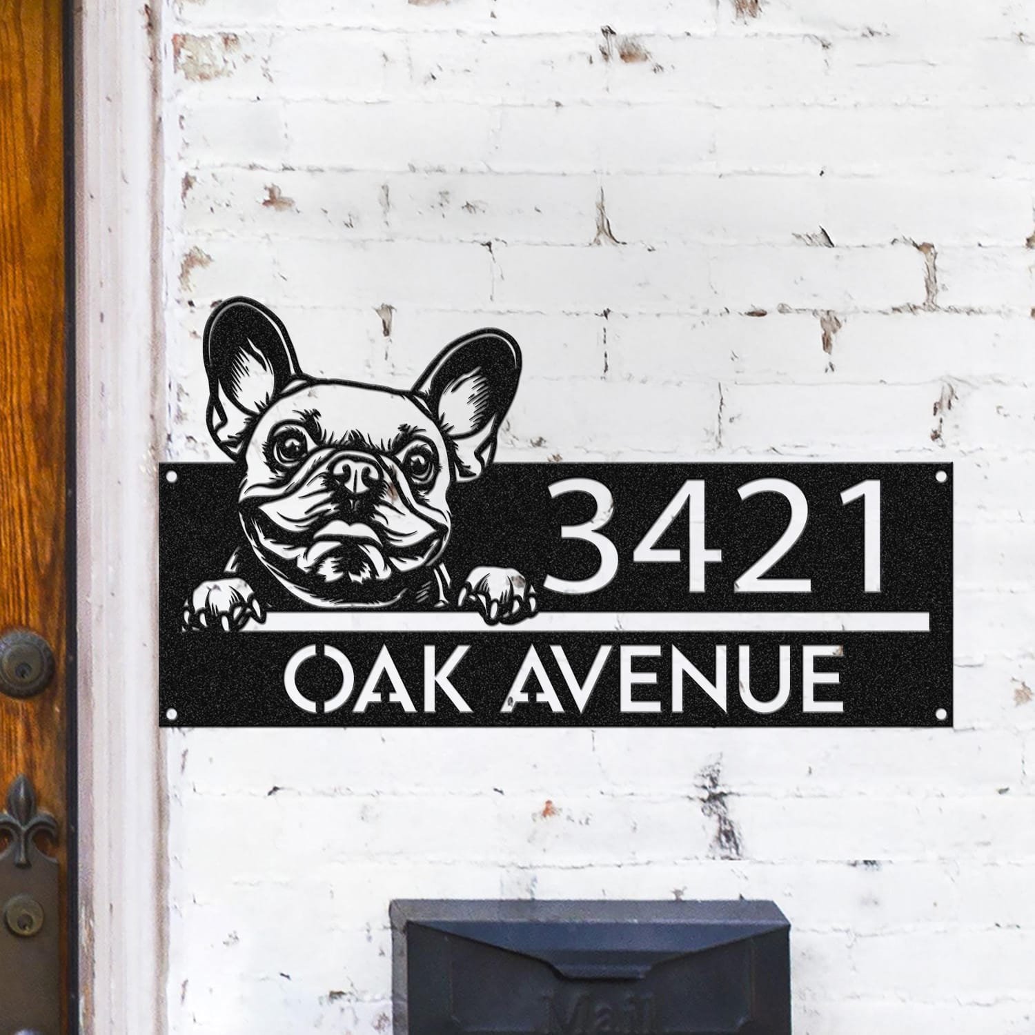French Bulldog peeking over a compact horizontal address sign reading 3421 Oak Avenue