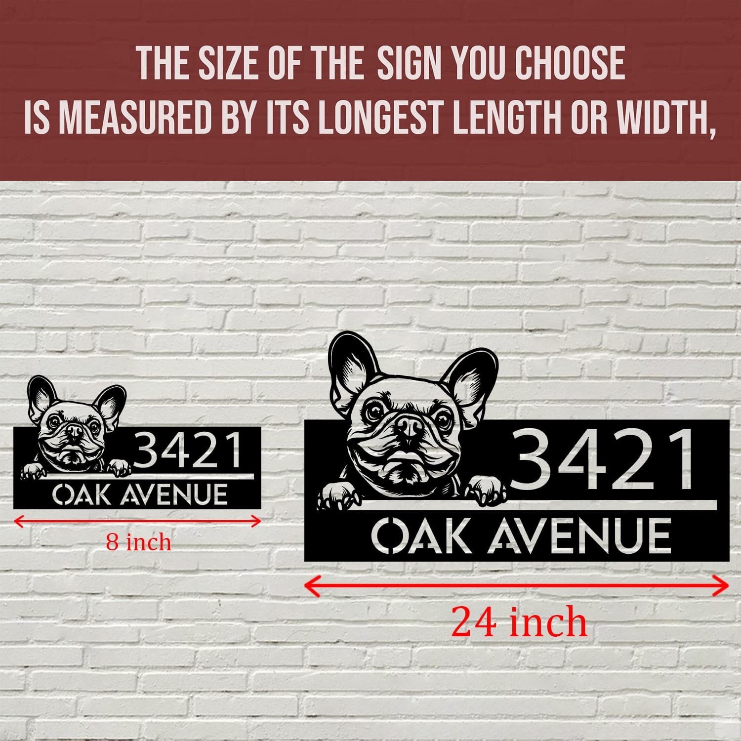 Size comparison chart showing the French Bulldog address sign at 8 inch and 24 inch sizes