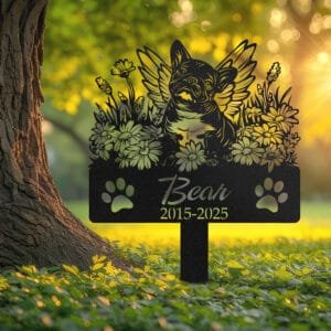 French Bulldog silhouette with angel wings surrounded by a daisy floral border on a personalized metal garden stake, with paw print cutouts at the base.